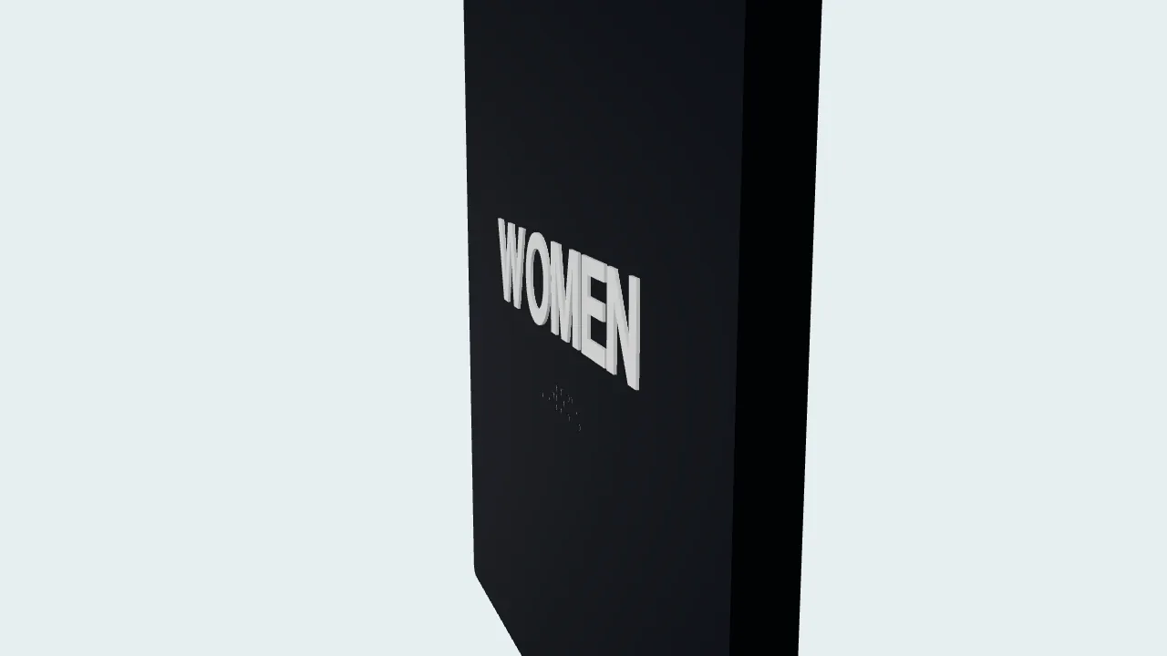 Preview model of a restroom identification sign, shown beside the studio photograph.