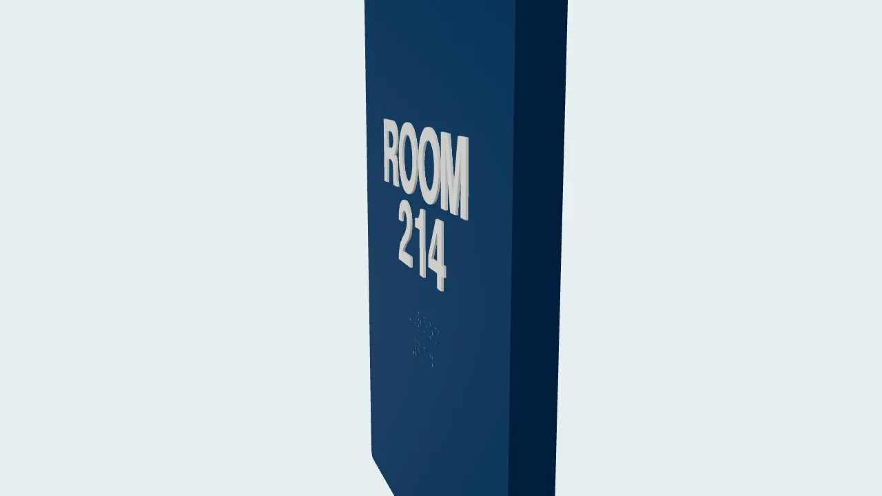Rendered room identification sign. Navy face, raised light letters reading ROOM 214, with Grade 2 braille.